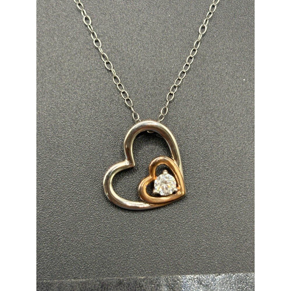 EUC 18" Sterling Silver Rose Accent Cubic Zirconia Heart Pendant Necklace E18